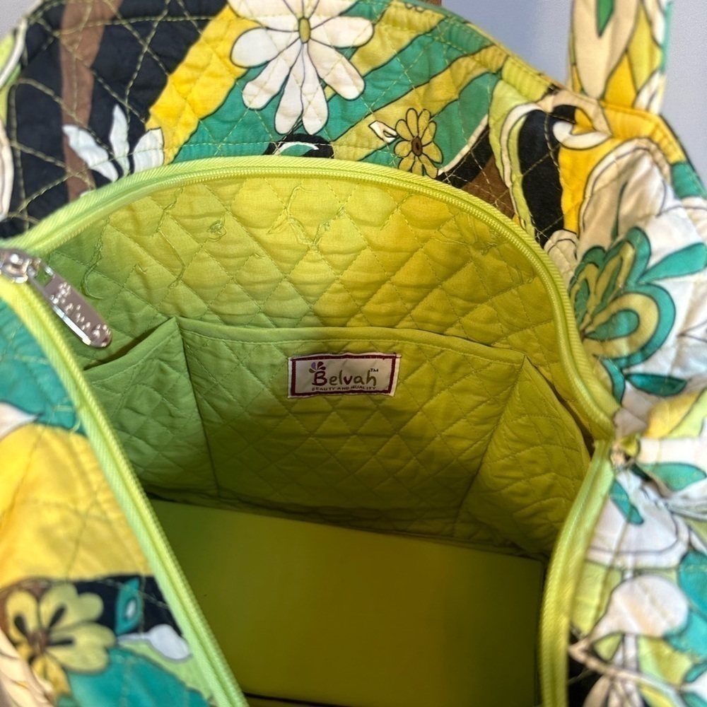 Belvah Quilted Floral Flower Cotton Large Tote Shoulder Bag Front Bow Accent - Picture 9 of 11